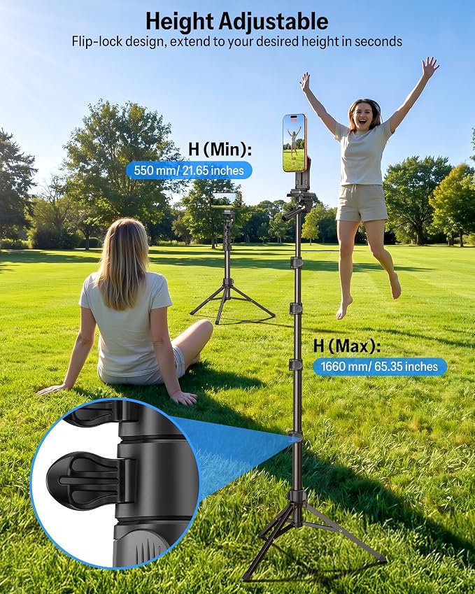 OMOTON TP02-Pro-PK 65" Magnetic Phone Tripod Kit with Fill Light & 2 Remote | Arca-type Base with a 1/4" Screw Hole, Adjustable Height, 10-level Adjustable Brightness, USB-C Charging, for iPhone 12-17 - Image 4