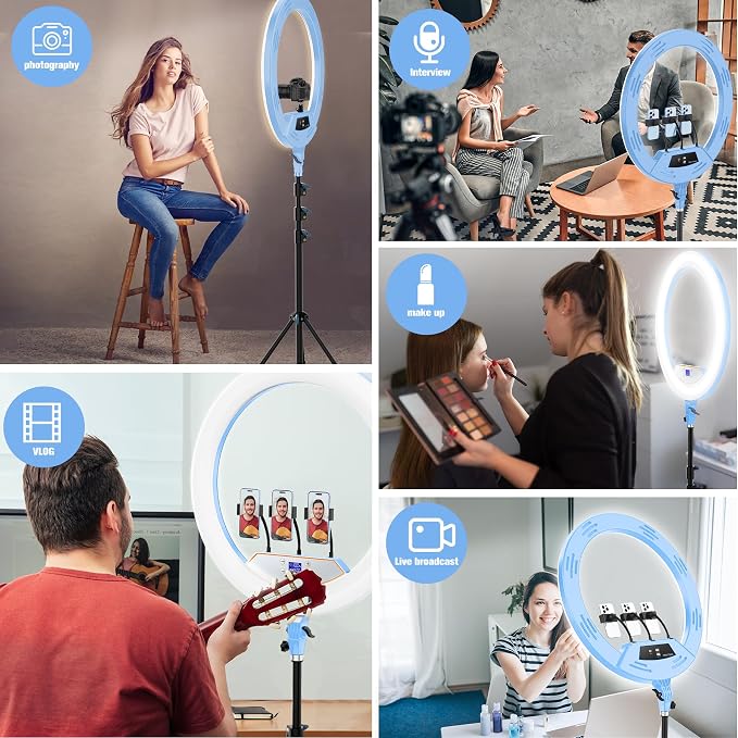MACTREM Blue 22" Ring Light for iPad iPhone with 75" Tripod Stand Barber | LCDisplay,2 Usb Ports, Fits Ipad/Tablet 12.9", 2600k-6500k Color Temperature, For Barber/Tattoo Tiktok Video Recording Vlog - Image 4