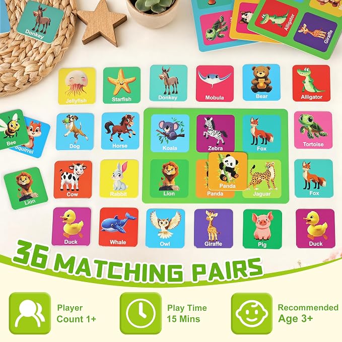 72 PCS Memory Matching Game with Dice | Animal Memory Board Game | Vegetable Link Print---comes with Storage Case, Memory Cards Concentration Game for Ages 3 and Up - Image 2
