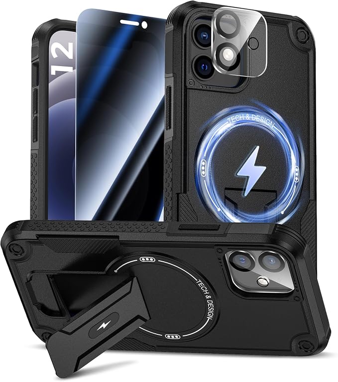 Goton 3 in 1 for iPhone 12 Case with Privacy Screen Protector Black | Glass Camera Lens Protector,Compatible for MagSafe,Invisible Kickstand, Shockproof Phone Cover for iPhone12 by Goton