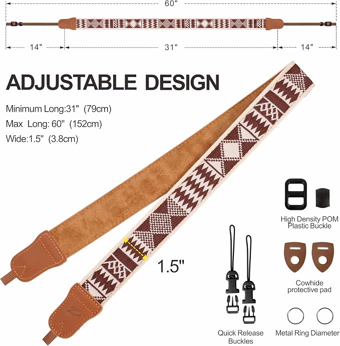 Padwa Lifestyle Diamonds Camera Strap - 1.5" Crazy Horse Cowhide Ends Camera Straps for Photographers, Cute Cotton Weave Soft Suede Fabric Padded Strap fits All Cameras for Adults & Kids - Image 6