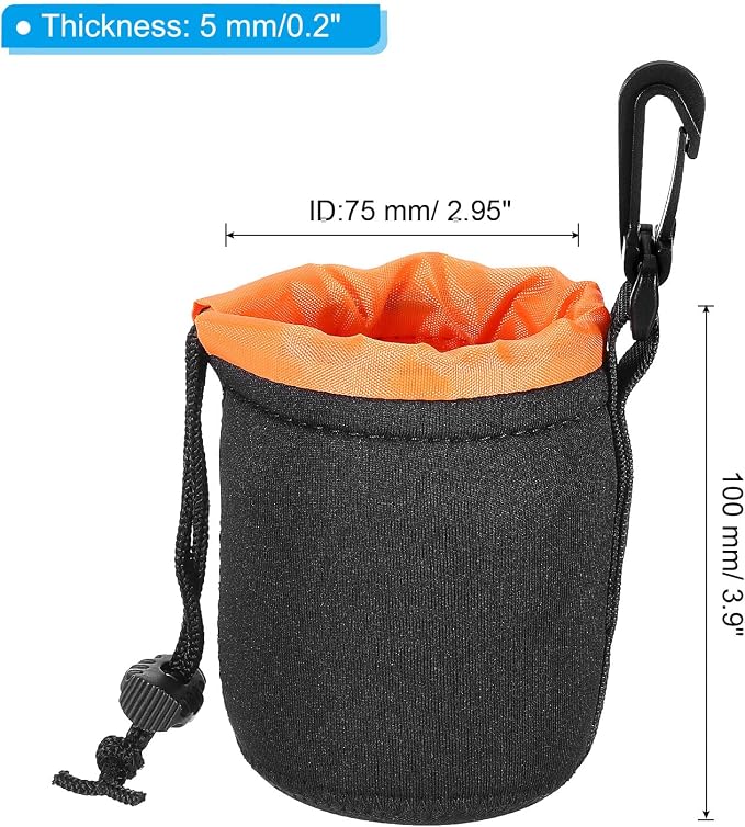 PATIKIL Camera Lens Bag 3" ID x 3.9" H Drawstring Lens Pouch 2Pcs | Black, Orange, with Thick Protective Neoprene Lens Case for DSLR Camera Lens Water Coffee Cups - Image 2