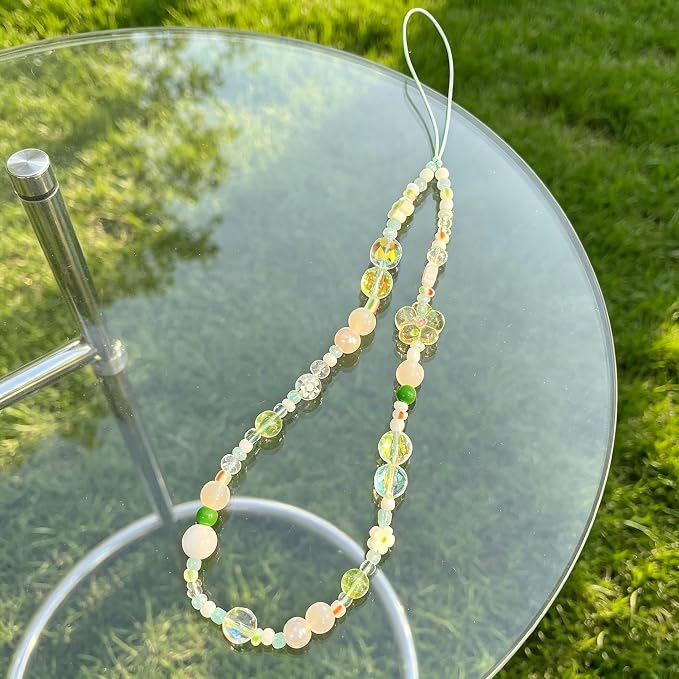 2 Pcs Phone Charm Strap Hand Wrist Strap Camera Lanyard Pearl Beaded Cute Chain String Accessories Universal for iPhone 17 Pro Max 16 15 14 for Samsung Women Girls Keychain Bag Green Flower and Star - Image 6