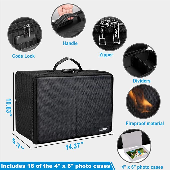 ENGPOW Fireproof Photo Storage Box with 16 Inner 4" x 6" Photo Case(Clear),Photo Box Organizer with Lock,Collapsible Portable Photo Storage Containers with Handle for Photos,Picture,Valuables - Image 4
