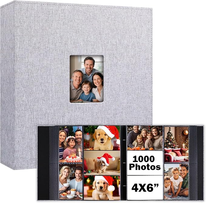 Extra Large Capacity 4x6 Photo Album, Holds 1000 Photos, Gray | Linen Hardcover, Horizontal & Vertical 4x6 Pockets, Removable Acid-Free Pages, Front Display Window, Family, Wedding & Travel by Xfveiwoo