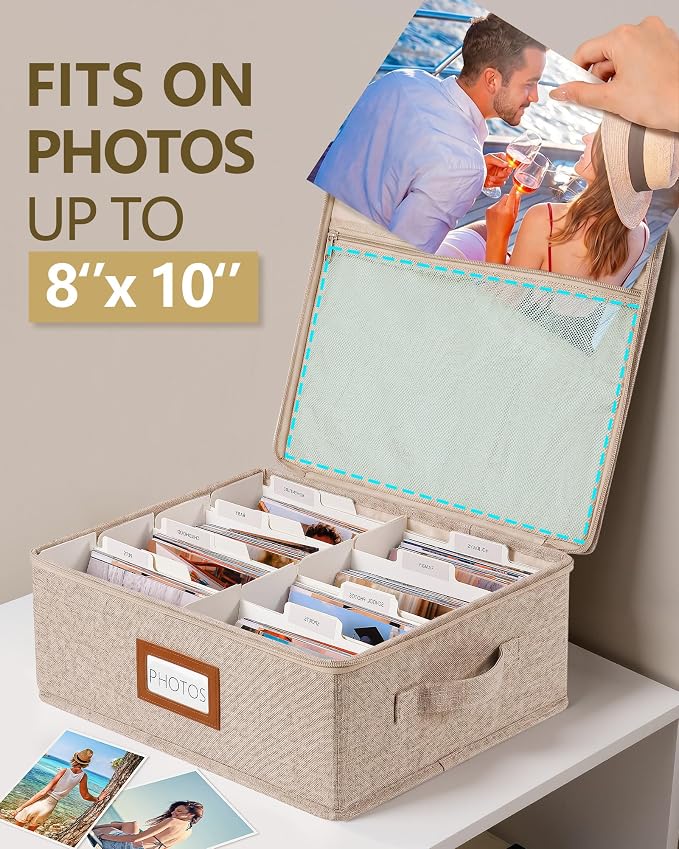 HULISEN Photo Storage Box, Photo Organizer for 2000 4x6 Pictures, Brown | Linen Keepsake Box with Zipper Lid, 8 Dividers, Label Cards Included, Mesh Pocket for Larger Prints, Family Memory Storage - Image 3