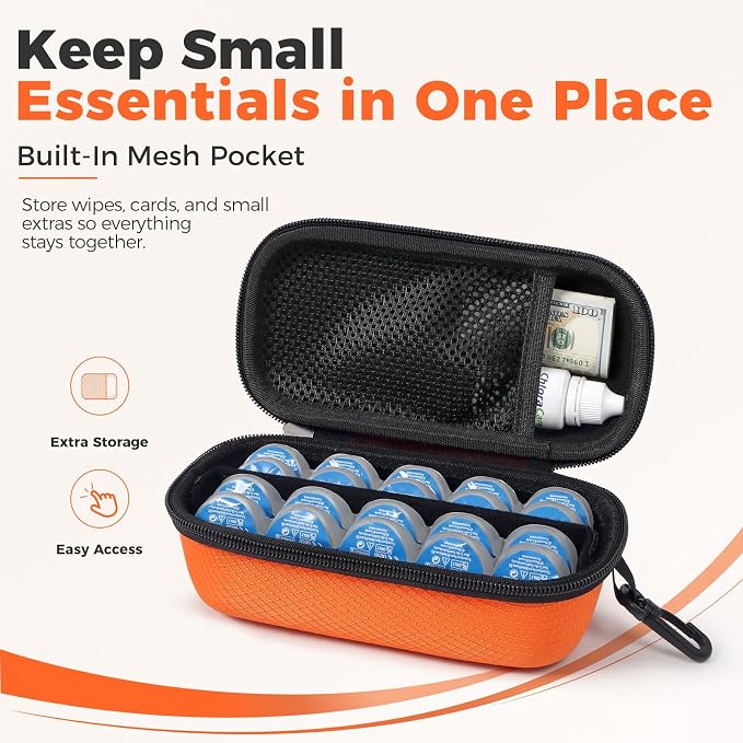 WOMACO Daily Contact Lens Case, Hard Shell Portable Contact Lens Travel Box for Disposable Daily Lenses, Left Right Separated Contact Lens Storage Organizer with Mesh Pocket (Orange, for 40 pieces) - Image 5