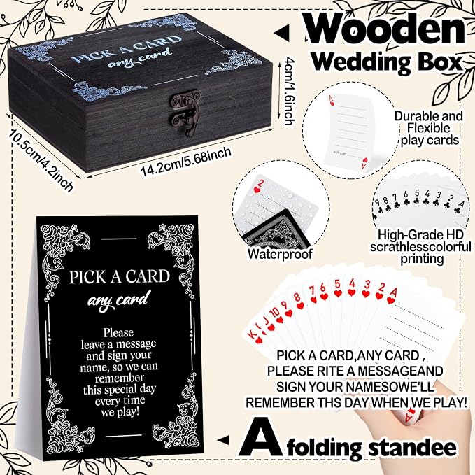 AceOrbit 57 Pack Black Wedding Guest Book Playing Cards Set with Wooden Box | Wedding Signing Guestbook Alternative Personalized Blank Deck of Cards for Guest Reception Modern Vegas Bridal Shower Games - Image 3