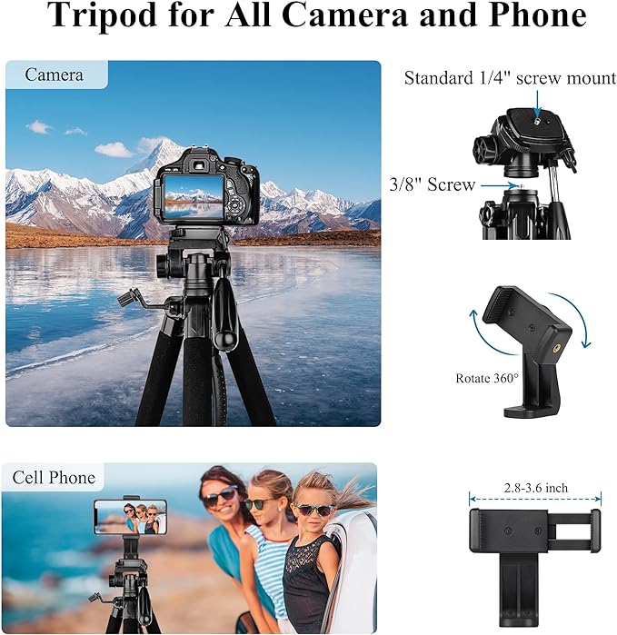 VICTIV 74” Camera Tripod, Tripod for Camera and Phone with Phone Holder | Aluminum Professional Tripod Stand for Canon Nikon with Carry Bag, Compatible with DSLR, iPhone, Spotting Scopes, Gopro - Image 3