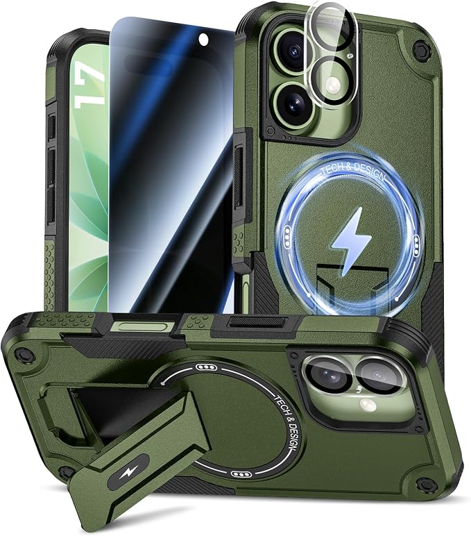 Goton 3 in 1 for iPhone 17 Case with Privacy Screen Protector Green | Glass Camera Lens Protector,Compatible for MagSafe,Invisible Kickstand, Shockproof Phone Cover for iPhone17 by Goton