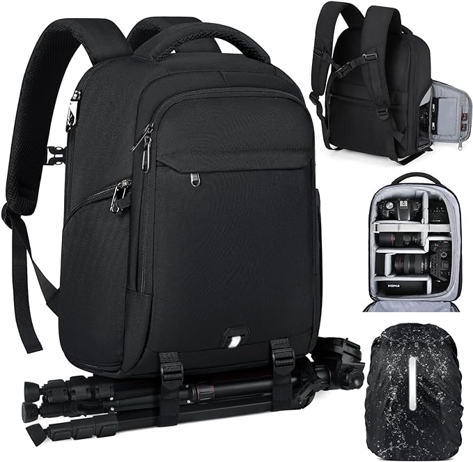 RAINSMORE Camera Backpack Camera Bag for Photographer DSLR SLR Mirrorless Camera Cases with Waterproof Rain Cover & Laptop Compartment Fit 15.6 Inch Laptop,Anti Theft Travel photography backpack,Black by RAINSMORE