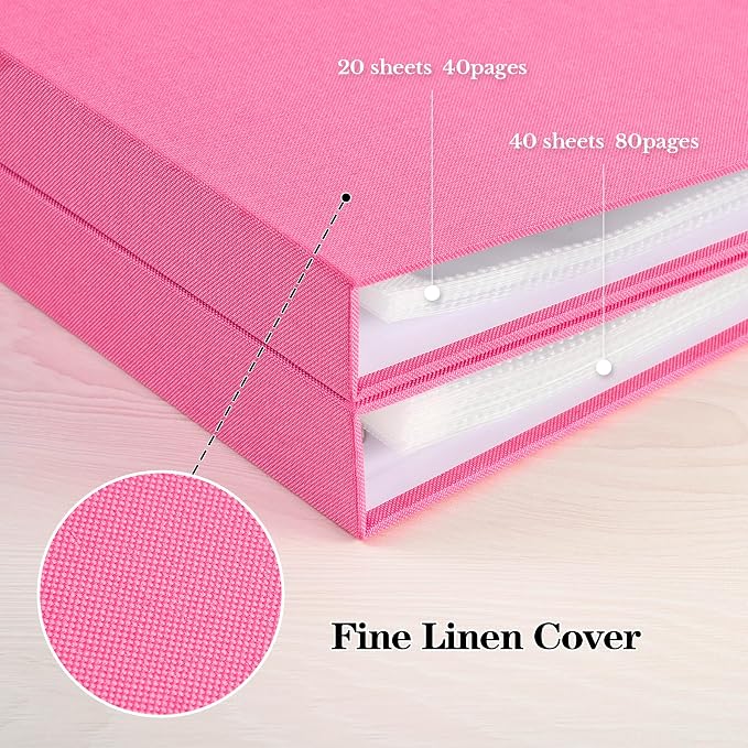 Mublalbum 8x8 Inch 3 Ring DIY Scrapbook Photo Album 40 Pages, Pink | 3 Ring Binder Scrapbook, Linen Cover, 20 Plastic Sleeves 40 Pages, Memory Book for Wedding, Baby, Family, DIY Projects - Image 6