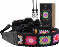 Padwa Lifestyle Colorful Crochet Camera Strap - 2" Full Grain Leather Ends Camera Straps for Photographers, Vintage Embroidered Cotton Soft Suede Fabric Padded Strap Quick Release fits All Cameras by PadwaLifestyleCameraStrap