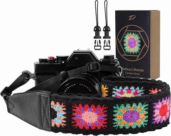 Padwa Lifestyle Colorful Crochet Camera Strap - 2" Full Grain Leather Ends Camera Straps for Photographers, Vintage Embroidered Cotton Soft Suede Fabric Padded Strap Quick Release fits All Cameras by PadwaLifestyleCameraStrap