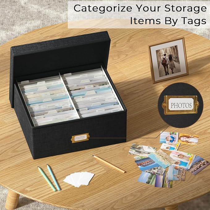 Decorative Photo Storage Box, 2 Pack Linen Photo Box Hold 1700 4x6 Pictures | Photo Storage Containers with 8 Dividers, Memory Keepsake Organizer for Photos, Scrapbook Supplies, Cards, Stamps, Black - Image 7