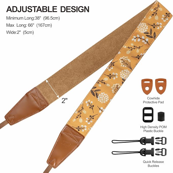 Padwa Lifestyle Camera Strap - 2" Full Grain Leather Ends Camera Straps for Photographers, Vintage Embroidered Cotton Weave Soft Suede Fabric Padded Strap Quick Release fits All Cameras - Image 6