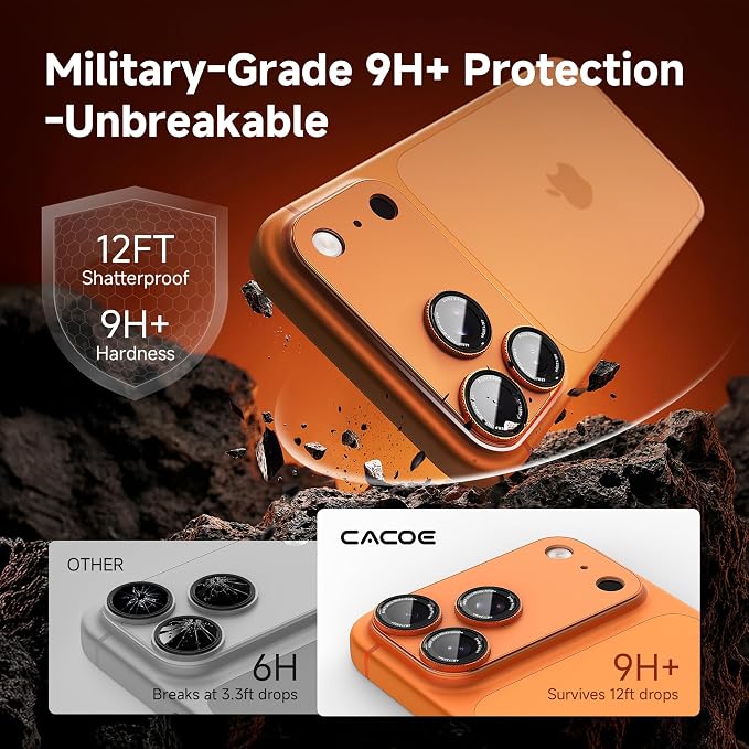 CACOE Metal Camera Lens Protector for iPhone 17 Pro Max | 9H Tempered Glass, Aluminum Frame, HD Clarity, Scratch-Resistant, Camera Screen Protector Cover Accessories, Orange - Image 5