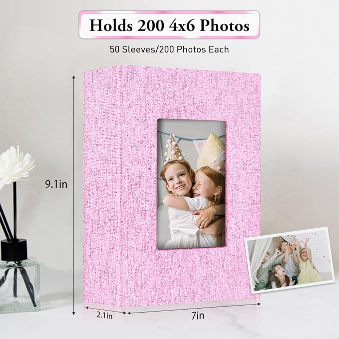 Photo Album 4x6,Linen Cover Slide-in Photo Album Book Can Holds 200 4x6 Photos with 50 Black Sheets for Baby Family Pictures Artwork or Postcards Storage (Pink) - Image 3