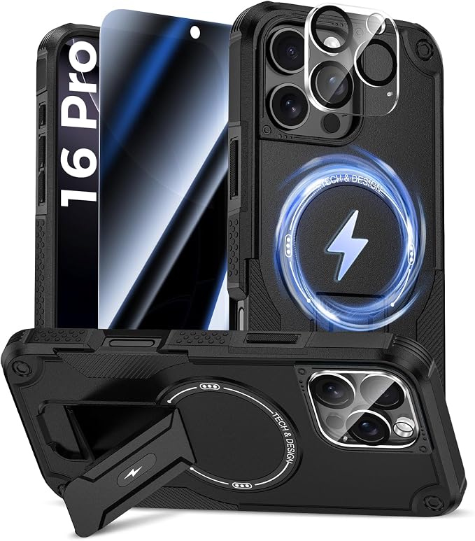 Goton 3 in 1 for iPhone 16 Pro Case with Privacy Screen Protector Black | Glass Camera Lens Protector,Compatible for MagSafe,Invisible Kickstand, Shockproof Phone Cover for iPhone 16Pro by Goton