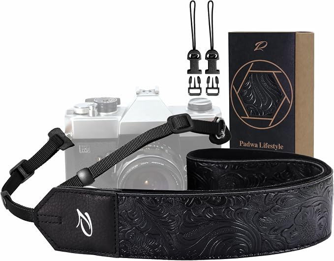 Padwa Lifestyle Camera Strap - 2" Black Faux Leather Carving Camera Straps with Full Grain Leather Ends for Photographers, Vintage Soft Suede Fabric Padded Strap Quick Release fits All Cameras by PadwaLifestyleCameraStrap
