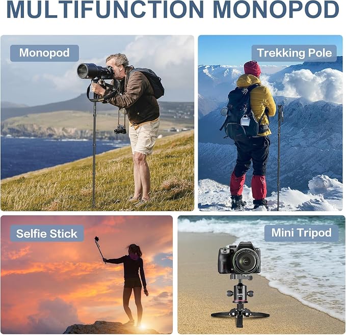 Monopods for Cameras with Feet, 5 Sections, 67'', Max Load 15.43lb, Camera Monopod Extendable Portable Travel Aluminum for DSLR Canon Nikon Sony Video Camcorder (A-222 Grey) - Image 6