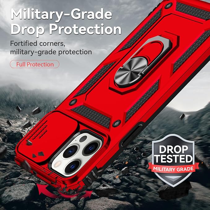 HNHYGETE for iPhone 12 Pro Max Case with Screen Protector: [Military Grade 20ft. Drop Tested] Slide Camera Cover Ring Shockproof Protective Phone Case for - iPhone 12 Pro Max (Red) - Image 3