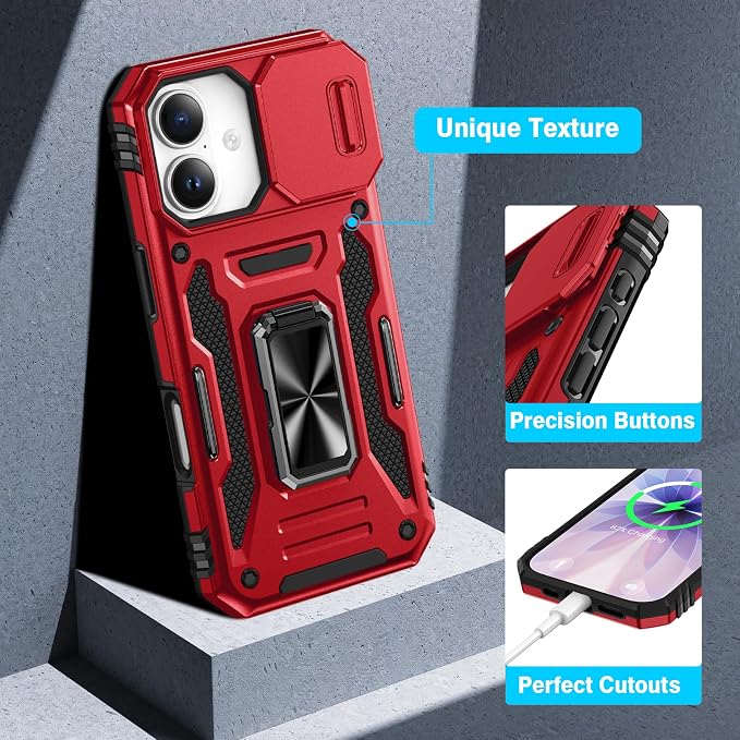 VEGO for iPhone 17 Case with Camera Cover & Privacy Screen Protector Red | Slide Camera Cover & Ring Kickstand Military Grade Heavy Duty Protection Cover for iPhone 17 5G 6.3 Inch - Red - Image 7