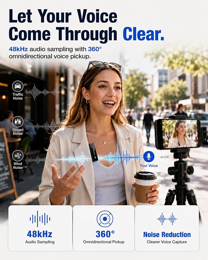 Wireless Lavalier Microphone for iPhone/Samsung/Android, 2 Mics, USB-C Port | 2 Clip-On Mics with Noise Reduction, 34h Using Time with Charging Case, 48kHz Audio 66ft Range for Video Recording USB C - Image 4