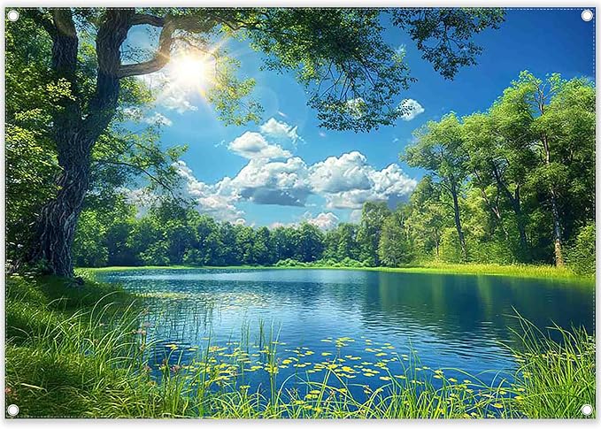 Fabric 7x5ft Lake Natural Scenery Backdrop River Camp Banner | Mountain Forest Tree Blue Sky Bokeh Photography Background, Picnic Hiking Party Decorations, Spring Outdoor Photo Props by ZTHMOEBACKDROP