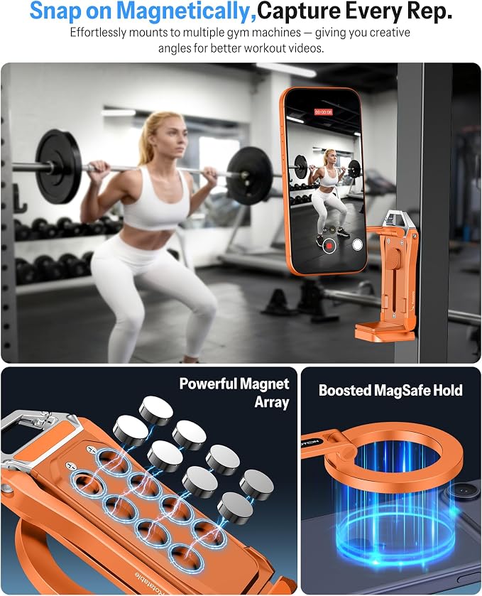 OMOTON TP02-Pro 5 in 1 Magnetic Phone Holder for Vlogging Essentials,Orange | Arca-type Base with a 1/4" Screw Hole, Magnetic Ring with Rear Attachment Plate, for iPhone 12-17 Series, Gym Kitchen Travel - Image 2