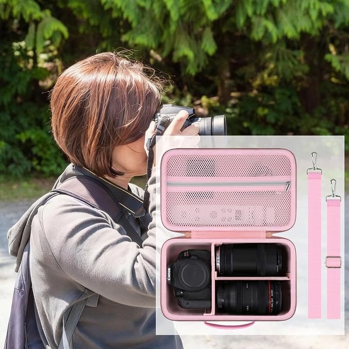 Hard Case for Canon EOS Rebel T7/T100/R50/R100 DSLR Camera with Lens | Fits for Canon T7/T100/R50/R100/R5/R6 V//R6 Mark II DSLR Camera and Lens, With Shoulder Strap, Protective Case, Pink - Image 9
