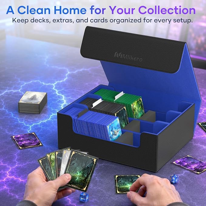 Mlikero Trading Card Storage Box, Bulk Card Storage for 1800+ Sleeved Cards, PU Leather Magnetic Closure Card Organizer with 10 Dividers & 3 Foam Stoppers, Fit for MTG, TCG and Sports Cards (Blue) - Image 2