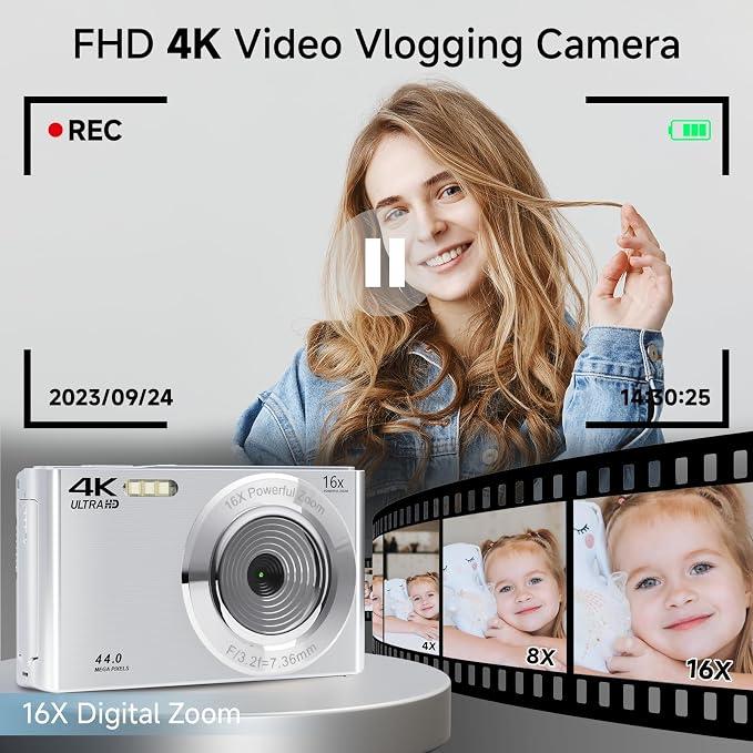 Digital Camera, 2026 4K Autofocus Digital Cameras for Teens, Silver Point and Shoot Camera for Kids with 16X Zoom, 64GB SD Card, Compact Small for Boys Girls Teens Kids Gift - Image 2