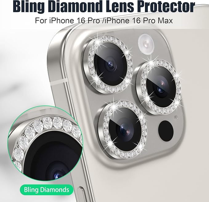 AGVEE 3+3 6 Pack for iPhone 16 Pro & Max Camera Lens Protector Cover | Individual Bling Diamond & Bling Glitter Sparkle Cute Gem Metal Ring, 9H Tempered HD Glass - Image 4