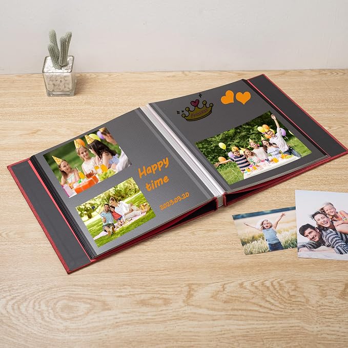 Photo Album Self Adhesive Scrapbook 3x5 4x6 5x7 6x8 Magnetic Album DIY Scrap Book 11x10.6 Inch 40 Black Sticky Pages Linen Cover DIY Photo Album(Red) - Image 2