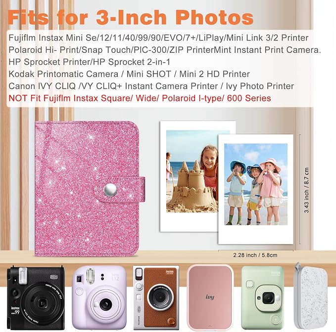 Fintie Mini Photos Album Book for 2x3 Inch Films - 52 Pockets Small Albums | For Fujifilm Instax Mini, Polaroid Hi-Print Pictures, Portable Kpop Photocard Holder, Travel Memory Book, Glittering Pink - Image 2