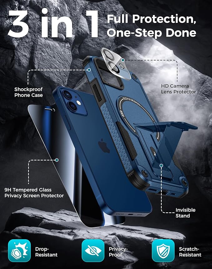 Goton 3 in 1 for iPhone 12 Case with Privacy Screen Protector Blue | Glass Camera Lens Protector,Compatible for MagSafe,Invisible Kickstand, Shockproof Phone Cover for iPhone12 - Image 3