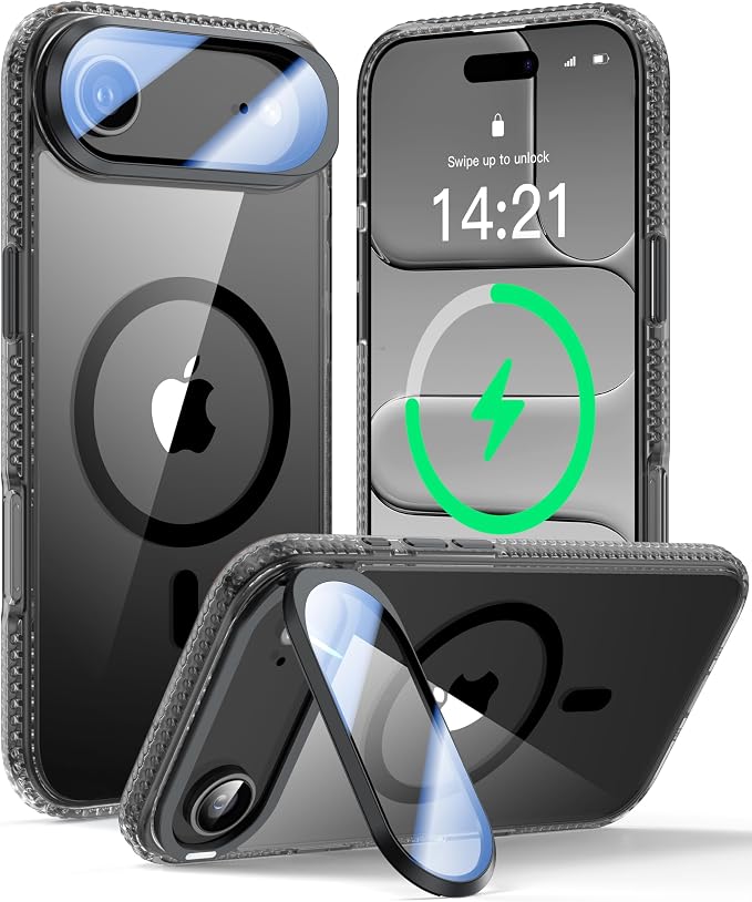 VOFATA [Upgraded Full Camera Protection] for iPhone Air Case with Camera Cover Stand [Fit for MagSafe][10FT Mil-Grade Protection] Transparent Magnetic Phone Cover for iPhone 17 Air Case, Clear Black by VOFATA
