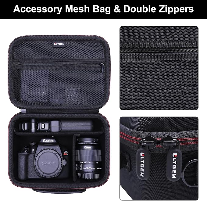 Camera Case Compatible with Canon EOS Rebel T7/R50/R6 Mark II/R100/R50 V/T6/R8/R10/R5 Mark II/RP/R7/5D Mark IV/SL3/R5/T100 DSLR SLR Camera, Len and Tripod with 4 Dividers and Shoulder Strap, Black | Hard Carrying Travel Case for Canon EOS Rebel T7/R50/... - Image 4