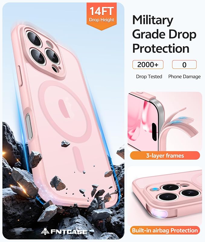 FNTCASE for iPhone 16 Pro Case, Fit for Magsafe, with Screen Protector | Full Camera Protection, Translucent Matte, 14FT Military Grade Drop Proof, Shockproof Protective Phone Cover, Light Pink - Image 5