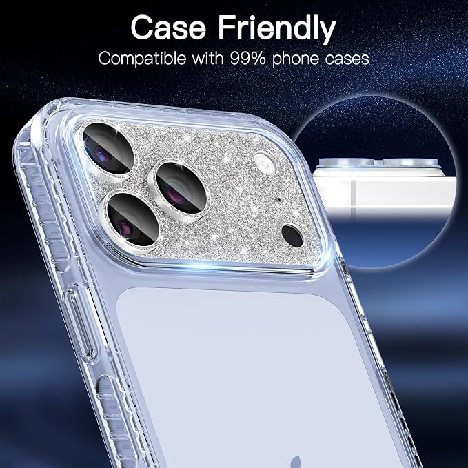 [2 Pack Bling Camera Lens Screen Protector for iPhone 17 Pro with 9H Tempered Glass Aviation Aluminum Plate Cover Metal Ring,Night Circle,No Bubble,HD Clarity,Easy Installation-Glitter Silver - Image 5