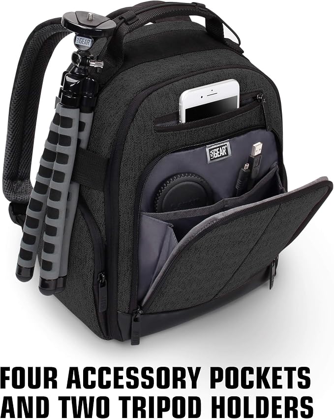 USA Gear Portable Camera Backpack for DSLR with Customizable Accessory Dividers, Weather Resistant Bottom and Comfortable Back Support - Compatible with Canon, Nikon, Sony, Fujifilm, and More (Black) - Image 7