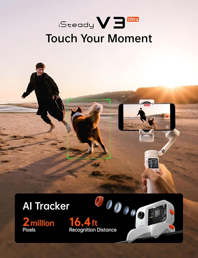 Hohem iSteady V3 Ultra Phone Gimbal White, AI Tracking Touch Remote, Built-in Rod Tripod 360° Vlog Stabilizer - Image 2