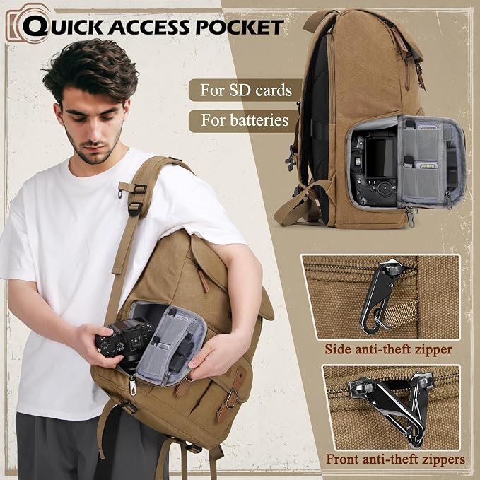 RAINSMORE Camera Backpack, DSLR SLR Mirrorless Camera Bag for Photographer | 15.6 Inch Vintage Canvas Camera Case with Laptop Compartment & Tripod Holder & Rain Cover for Sony Canon Nikon Fujifilm Khaki - Image 4