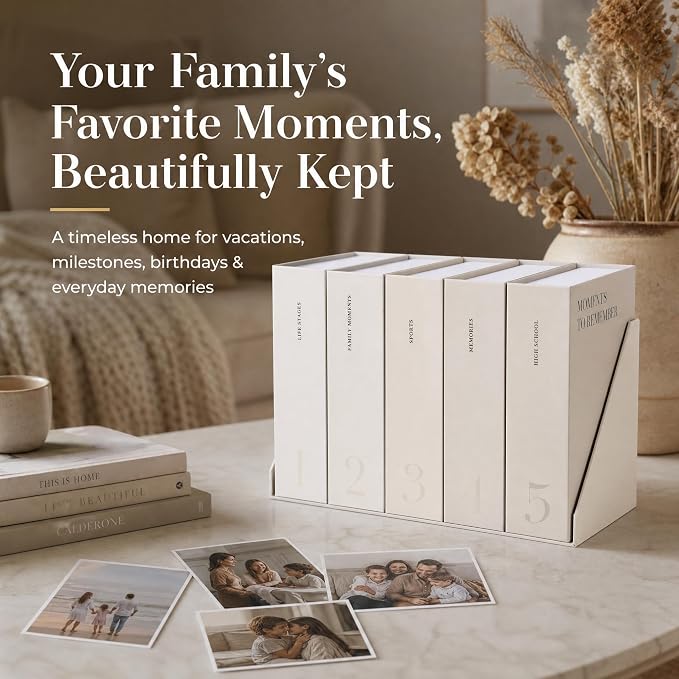 ZICOTO Decorative Photo Storage Box Set of 5 for 4x6 Pictures with Dividers | Sturdy Photo Album Organizer Boxes with Pre-printed Labels Keep Pictures Beautifully Organized on Your Home Decor Shelf - Image 7