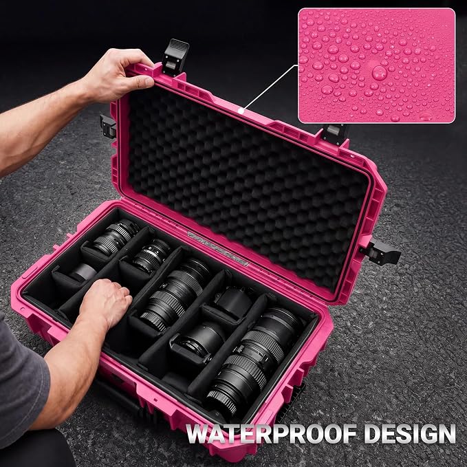 Relaxweex Rolling Camera Hard Case with Padded Dividers & Wheels, Impact-resistant Hard Shell Travel Case for Cameras, Lenses & Accessories(26 x 20 x 10 Inch,Rose Red) - Image 7