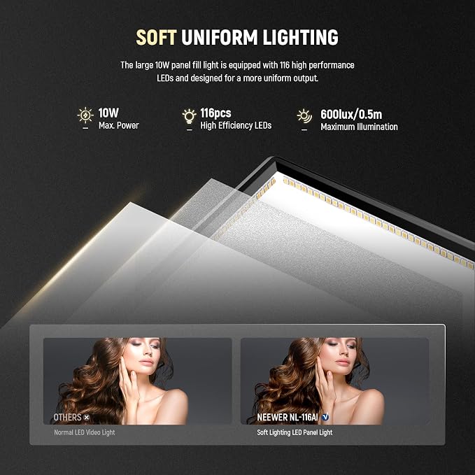 NEEWER 9" LED Video Light Panel, Dimmable DSLR Camera Soft Lighting | 4000mAh Rechargeable Battery, USB C Ports, 3200K-5600K CRI95+ 600Lux for Photography Video Recording Live Streaming, NL-116AI - Image 2