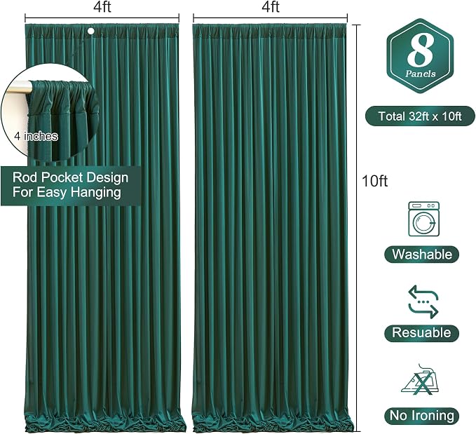 Hunter Green Backdrop Curtain-Wrinkle-Free Polyester Fabric Green Photography Curtains for Wedding Party Photo Background Decorations- 32 X10FT (Hunter Green) - Image 3