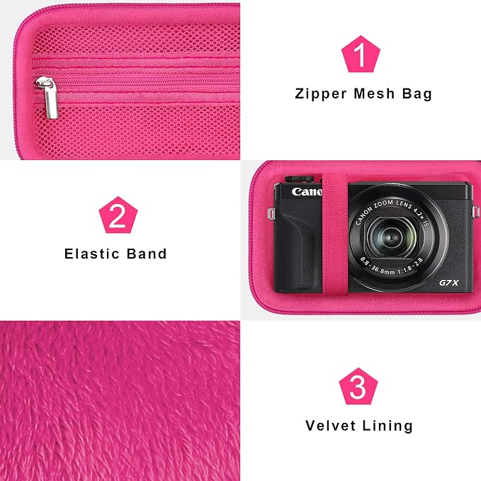 Canboc Camera Case for Canon PowerShot G7 X Mark III/ G7X Mark II, Rosered | For SX740/ SX730/ G7X3 Carrying Point and Shoot Camera Bag, Zipper Mesh Pocket fits USB Cable, Batteries - Image 6