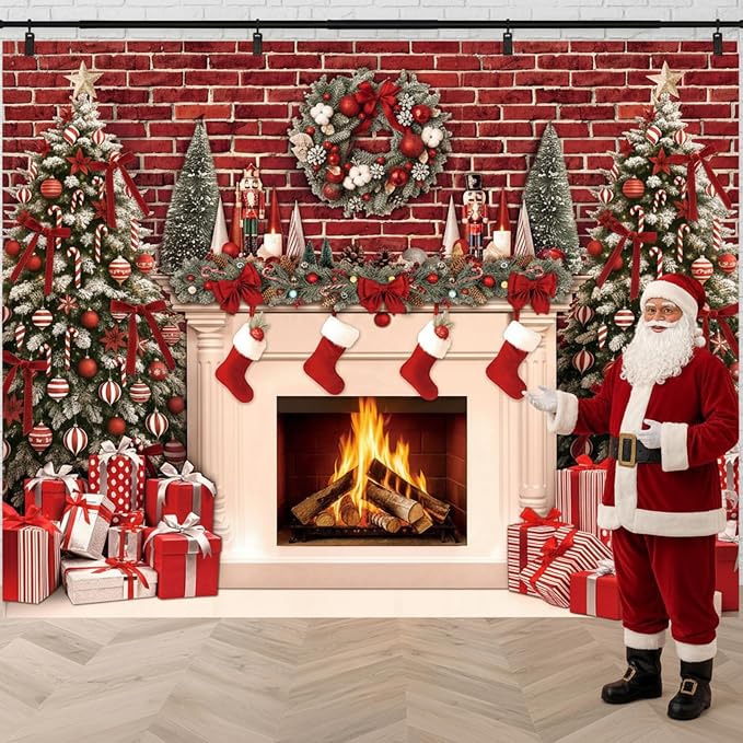 Peryiter Christmas Backdrop for Photography Xmas Tree Stocking Candy Gift Polyester Background Decoration Party Backdrop for Home Decoration Photo Studio Props(10x8 ft,Fireplace) by Peryiter